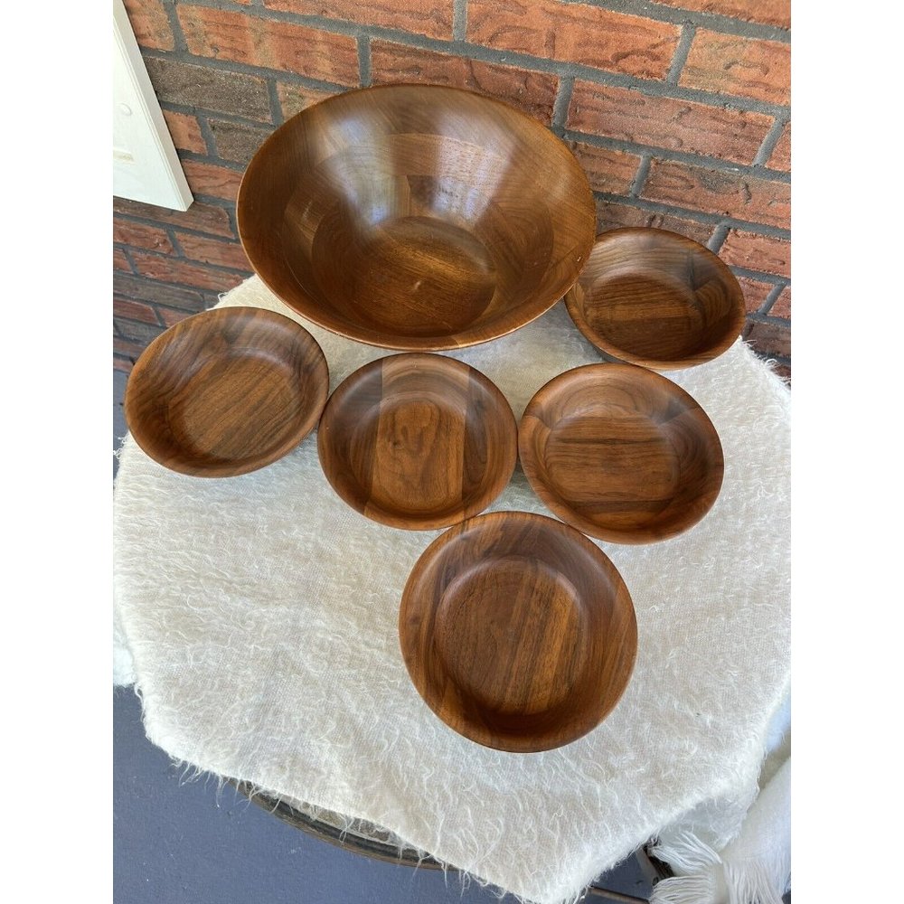 Vintage Mid Century Vermillion Real Walnut Large Salad Serving + Small Bowl 6 Pc